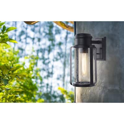Eglo Abner 10-inch Matte Black Outdoor Wall Sconce with Clear Seedy Glass