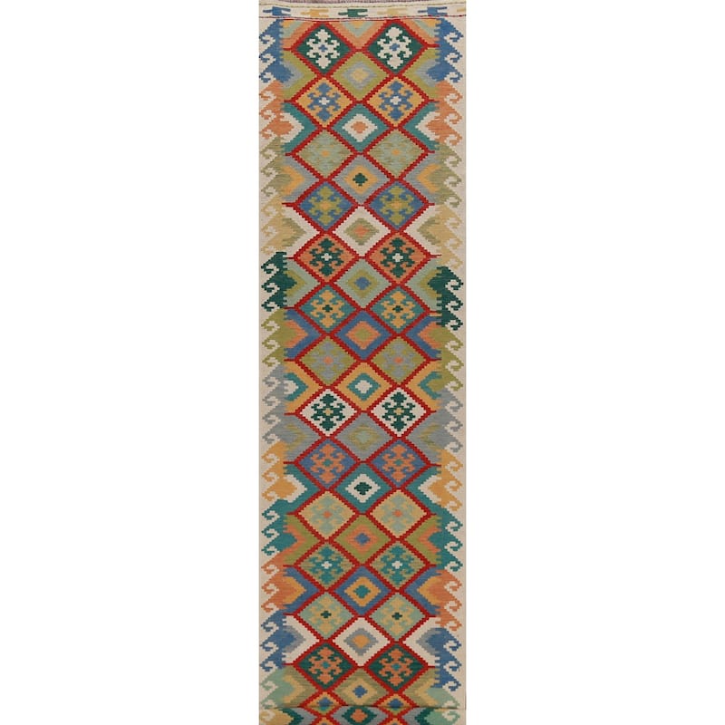 Hand Woven Oriental 100% Wool Carpet Southwestern Geometric Multi-Colored Kilim Runner Rug - 16' 1'' X 2' 9''