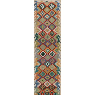 Hand Woven Oriental 100% Wool Carpet Southwestern Geometric Multi-Colored Kilim Runner Rug - 16' 1'' X 2' 9''