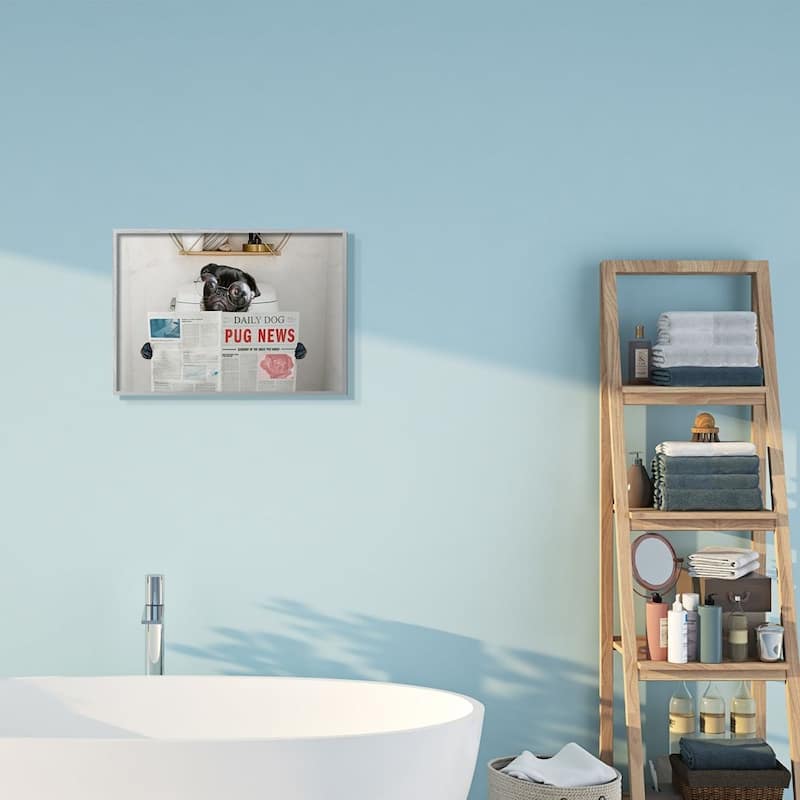 Stupell Bathroom Pug Daily Toilet Briefing Dog Humor Framed Wall Art - White