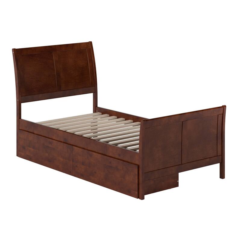 AFI Portland Twin Size Platform Bed with Matching Footboard & Storage Drawers in Walnut