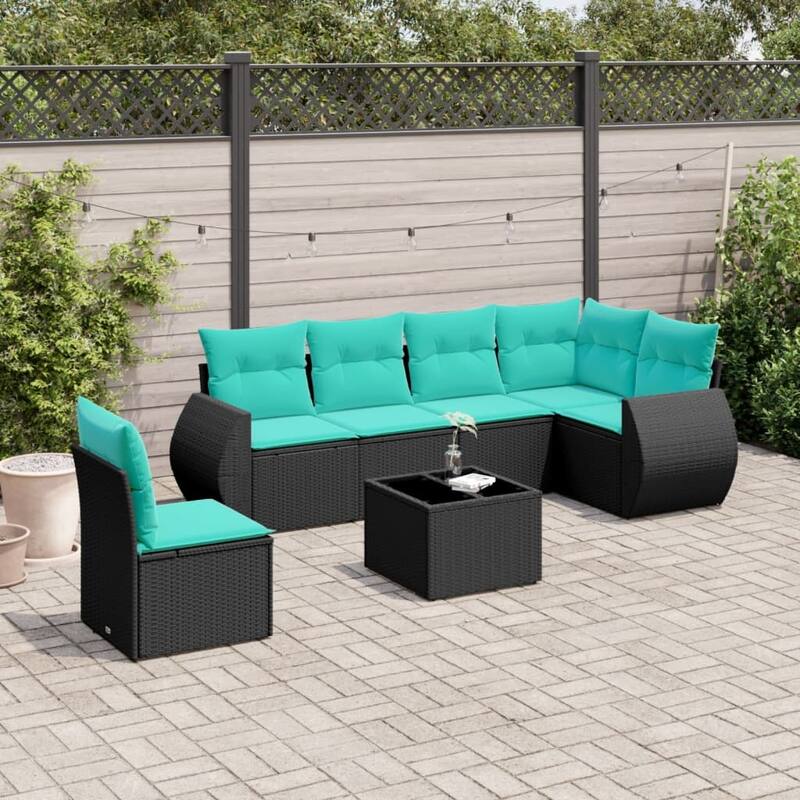 vidaXL 6 Piece Patio Sofa Set with Cushions Black Poly Rattan - 28 x 24.4 x 27.2-With table