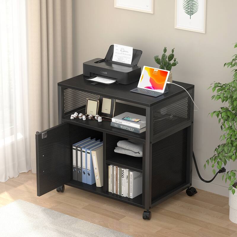 Rolling File Cabinet Lateral Office Filing Cabinets with Charging Station,Modern Printer Stand on Wheels