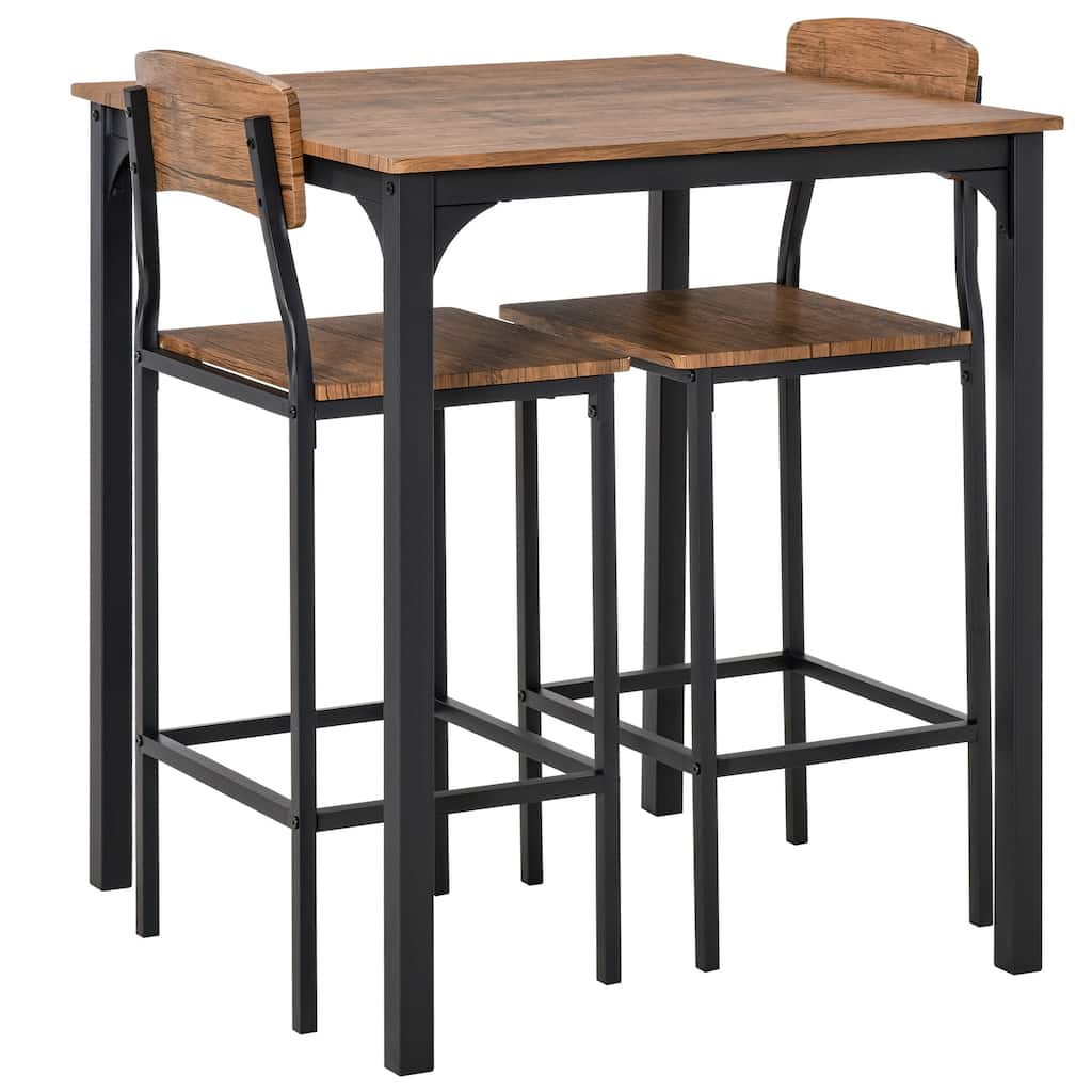 Modern 3-Piece Dining Set with Square Counter Height Bar Table & 2 Black Steel Footrest Open Back Chairs
