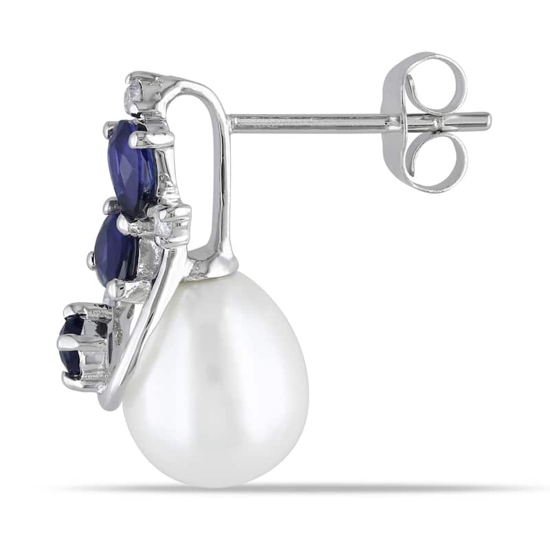 Miadora 10k White Gold Cultured Freshwater Pearl, Sapphire and Diamond Earrings (H-I, I2-I3)