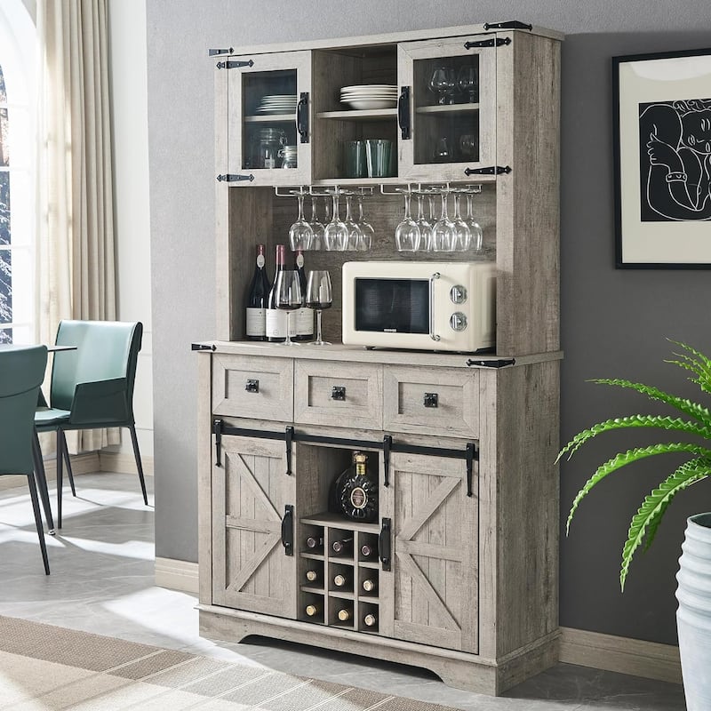 Farmhosue Bar Cabinet, Kitchen Buffet, Coffee Bar Sideboard Table - Light Rustic Oak