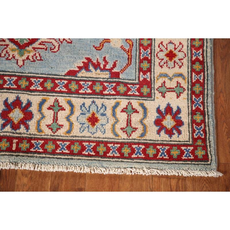 Light Blue Geometric Kazak Oriental Accent Rug Handmade Wool Carpet - 3'3"x 5'1"