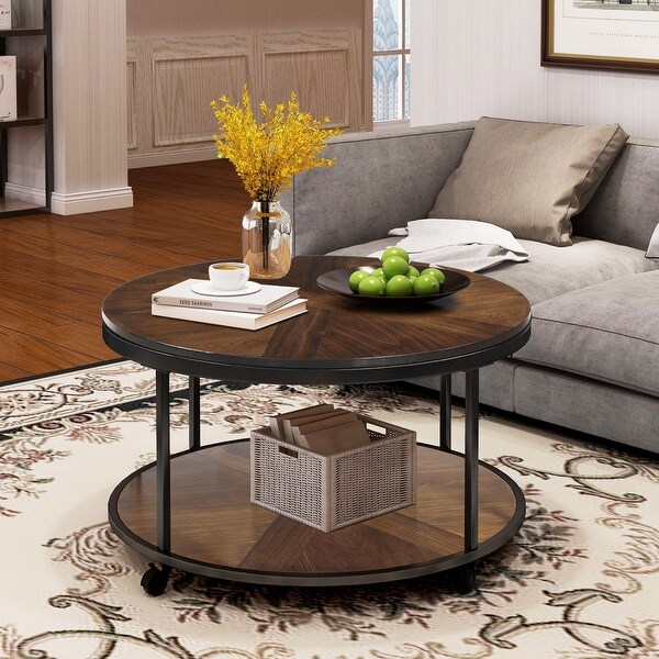 Round Wooden Coffee Table with Caster Wheels and Unique ...