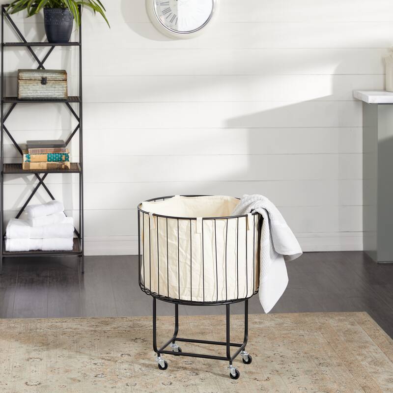 Black Metal Deep Set Wire Basket Storage Cart with Wheels and Fabric Lining - Black/Beige - Round - 19 x 19 x 26