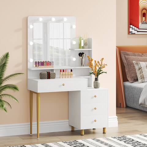 Vanity Dressing Make Up Table with Lighted Mirror And Drawers Shelf