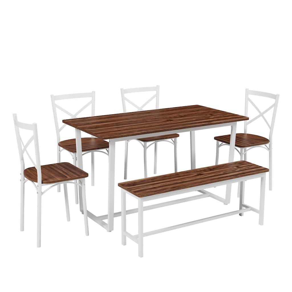 6-Piece Industrial Dining Set with Bench, Retro Breakfast Nook Dark Walnut Dining Set with Bench and 4 Chairs