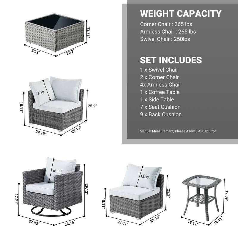 HOOOWOOO 9-piece Grey Wicker Patio Outdoor Sectional Set with Swivel Rocking Chair