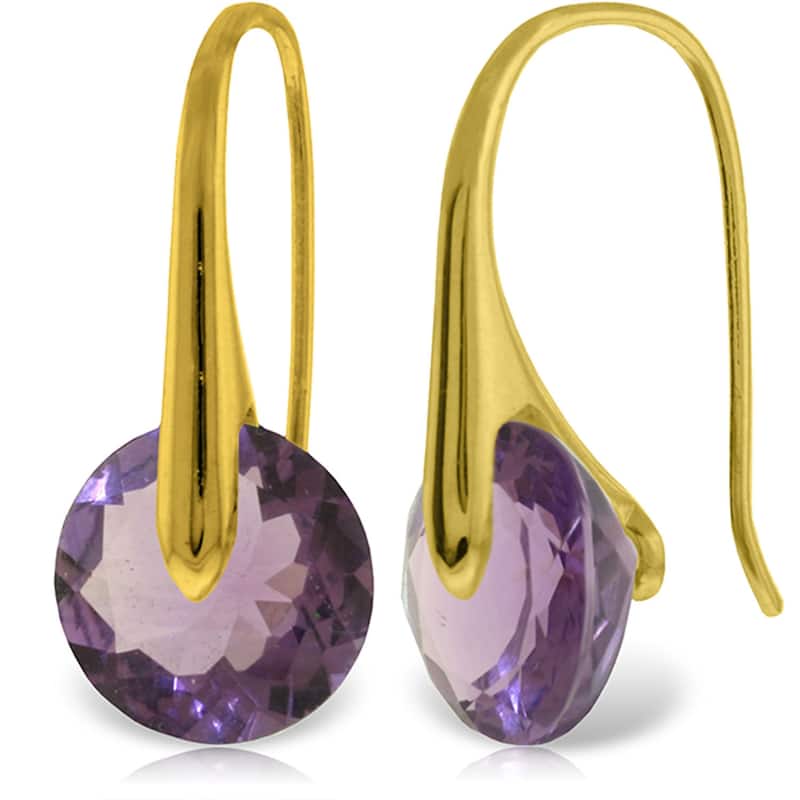 14K Solid Gold Fish Hook Amethyst Certified Gemstone Earrings - Yellow