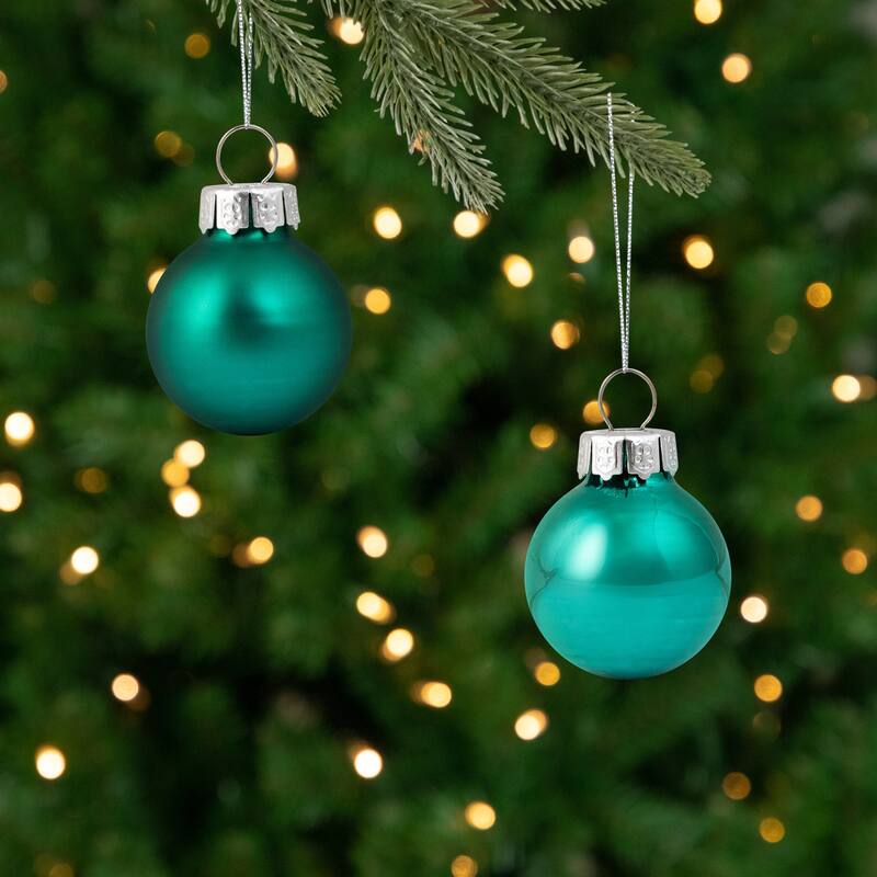 2-Finish Mini Christmas Glass Ball Ornaments - 1" (25mm) - Teal Green - 24ct