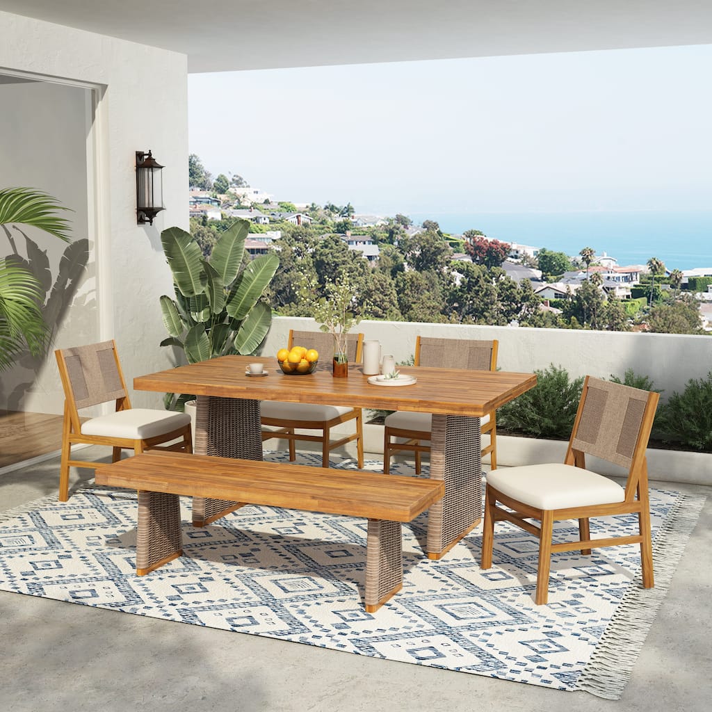 Christopher Knight Home - Arly Outdoor Acacia Wood and Wicker Dining Set with Cushioned Chairs, Bench, and Rectangular Table