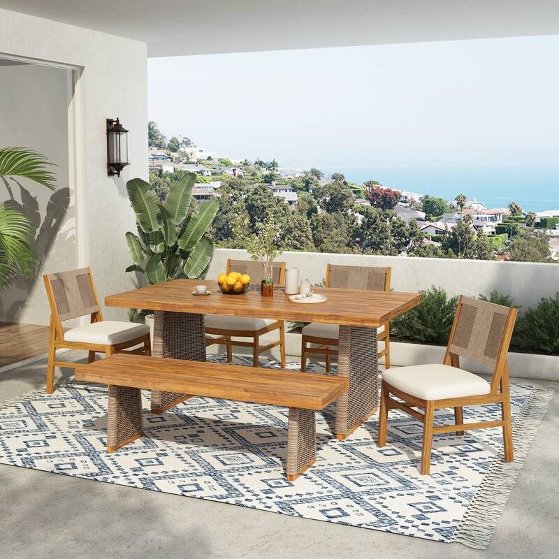 Christopher Knight Home - Arly Outdoor Acacia Wood and Wicker Dining Set with Cushioned Chairs, Bench, and Rectangular Table - Brown Wicker+Cream Cushion