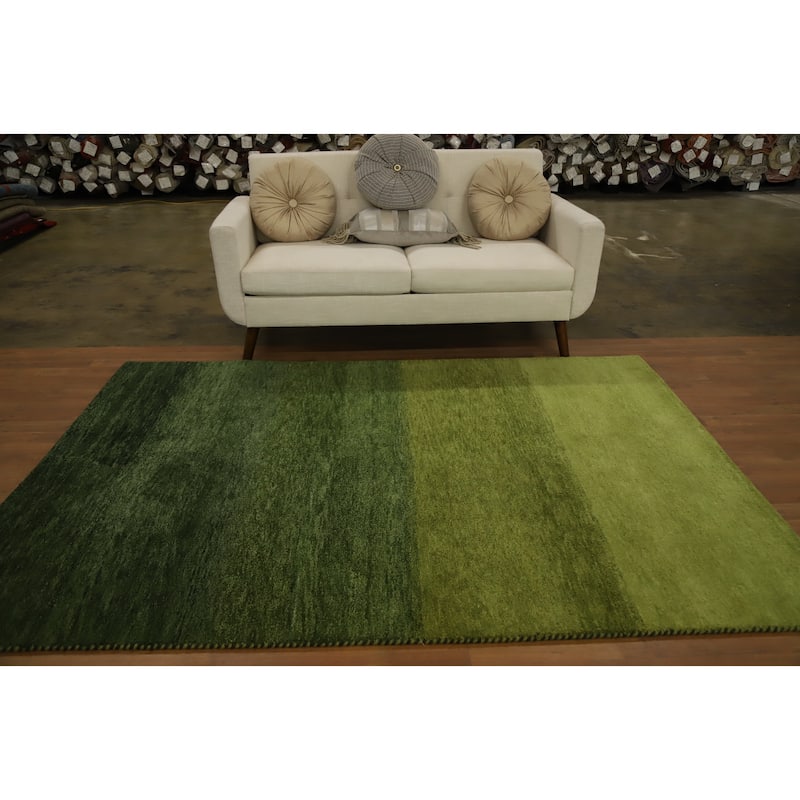 Hand Knotted Oriental 100% Wool Carpet Modern Stripe Green Gabbeh Area Rug - 7' 8'' X 5' 6''