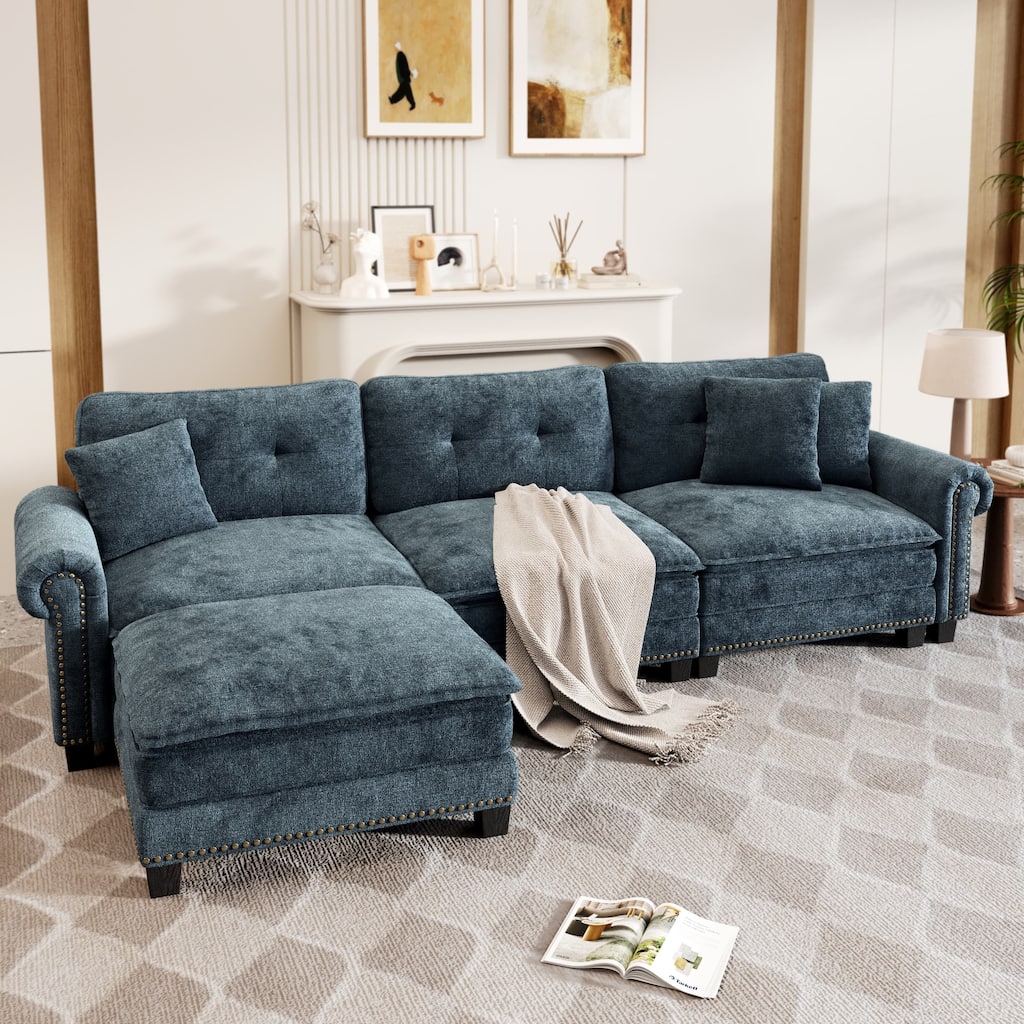 MAISON ARTS Mid-Century Modern Oversized L/U Shaped Cloud Couch with Ottoman, Deep Seat Sectional Sofa with Throw Pillows