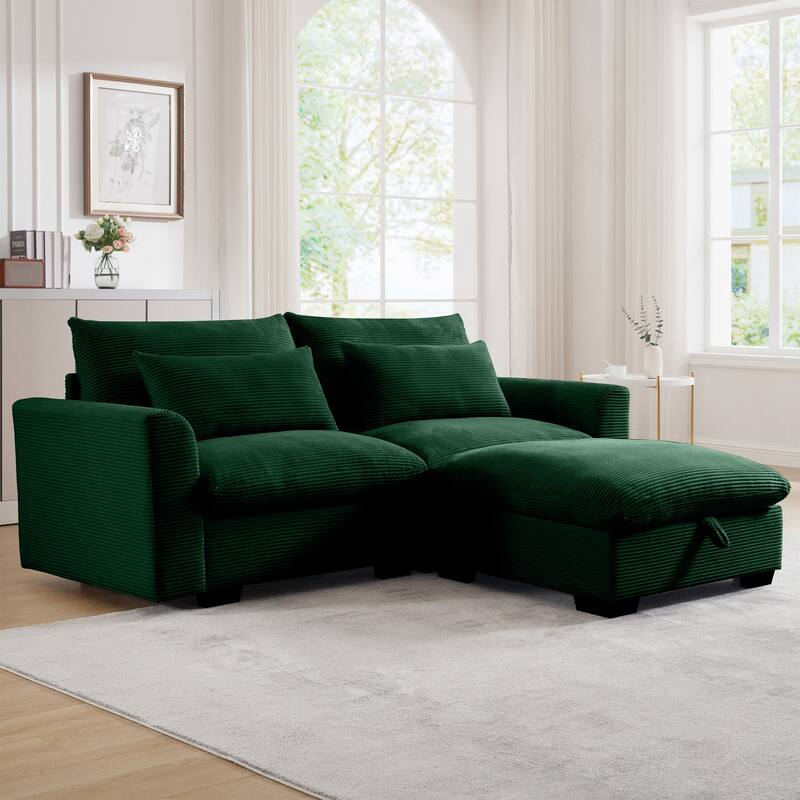 Multifunctional Loveseat Set with Storage Ottoman, Modern Sectional Sofa Corduroy Upholstered Couch with Pillows