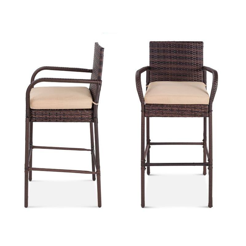 Set of 2 Indoor/Outdoor Wicker Bar Stools w/ 2 Cushions - 20 inches L x 18.75 inches W x 46 inches H