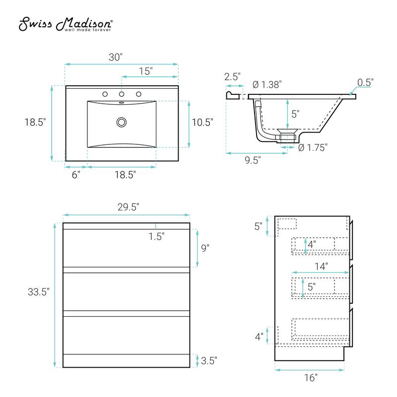 Liberte 30" Freestanding Bathroom Vanity In Brown Oak With Black 3-Hole Widespread Sink Top - 30