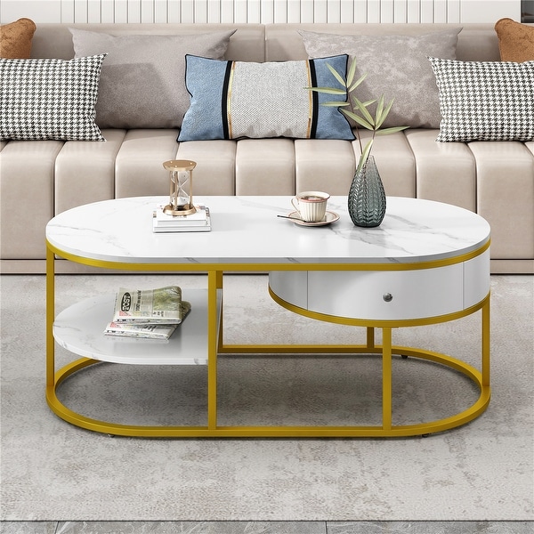 Modern Marble Coffee Table with Drawers and Shelves Storage - Bed
