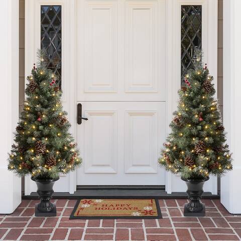 Glitzhome 4ft / 5 ft Flocked Pine Christmas Porch Tree With Warm White Lights