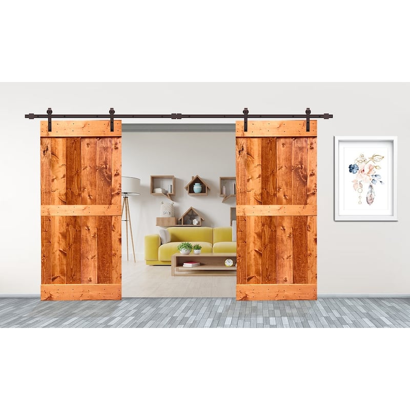CALHOME Stained MidBar Double DIY Barn Door W/ Hardware Kit - 72 x 84 - Red Walnut