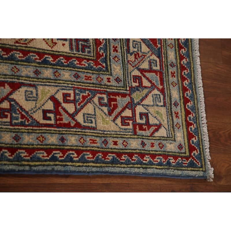 Blue Geometric Kazak Area Rug Handmade Oriental Wool Carpet - 6'0" x 9'8"