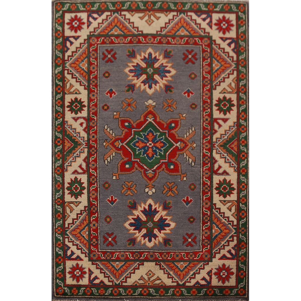 Gray Kazak Foyer Rug Oriental Handmade Wool Carpet - 2'9"x 4'1"