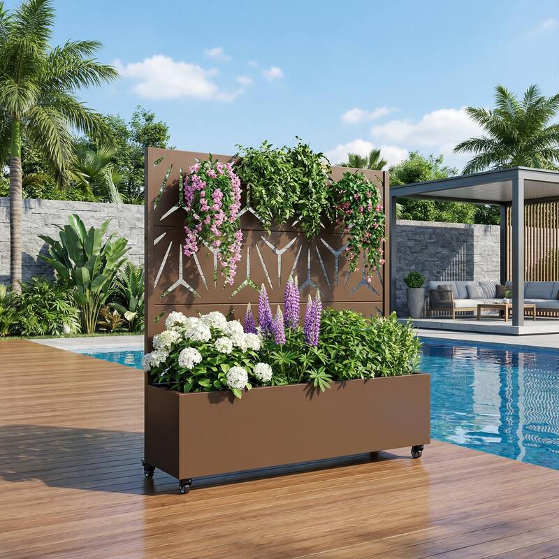 Metal Galvanized Planter Box with Trellis Privacy Screen Lockable Wheels