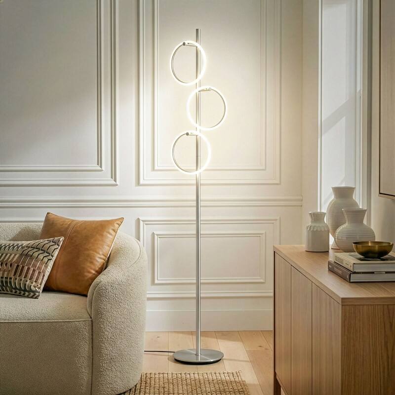 Brightech Saturn 66 in. Industrial 3-Light 3-Way Dimming LED Floor Lamp with 3 Replaceable LED Rings - Silver