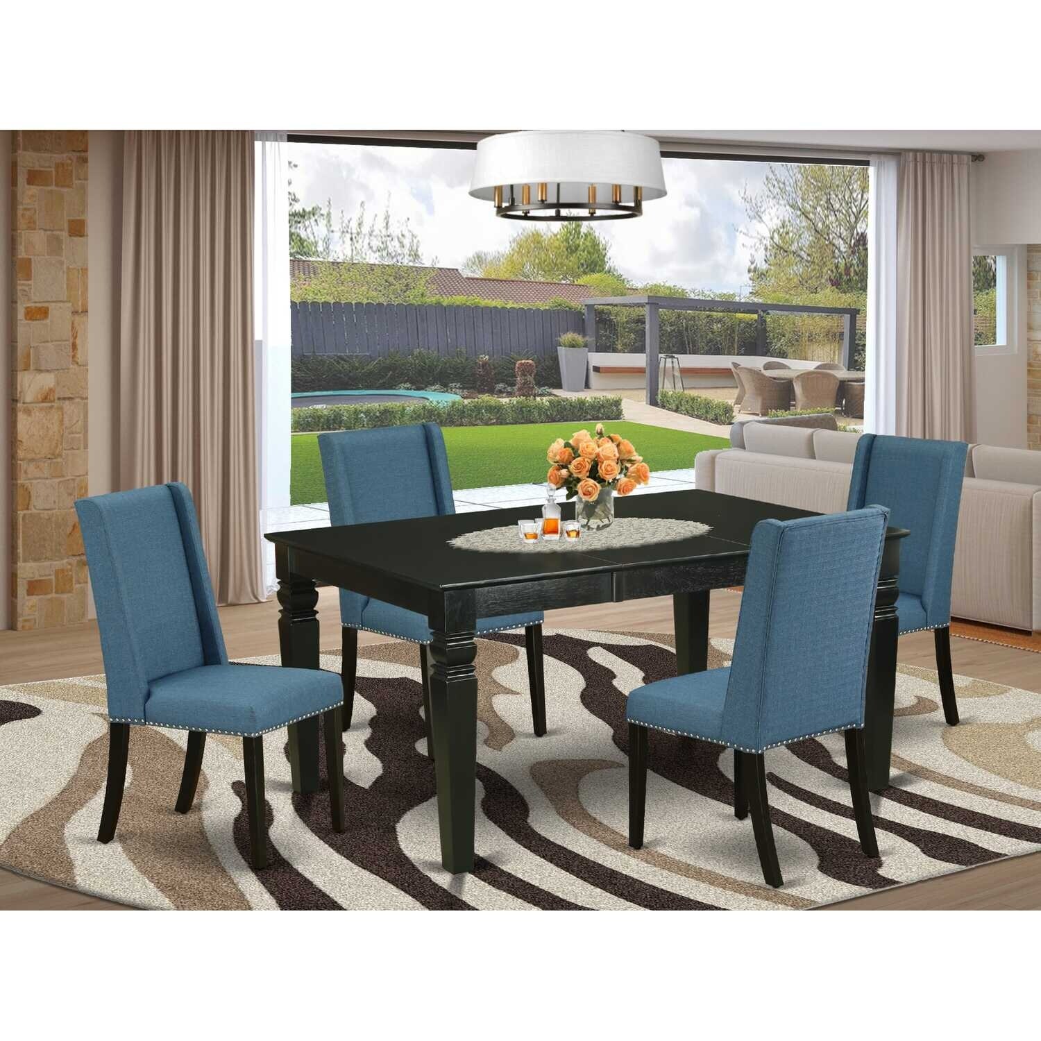 HomeStock 5-Piece Black Finish Solid Wood Top Dining table with 4-Chairs with Butterfly Leaf