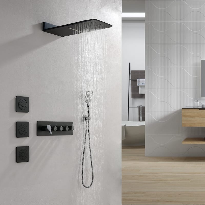 4-Mode Complete 24'' Rain and Waterfall Shower System with 3 Body Jets and Handheld Showerhead - Matte Black