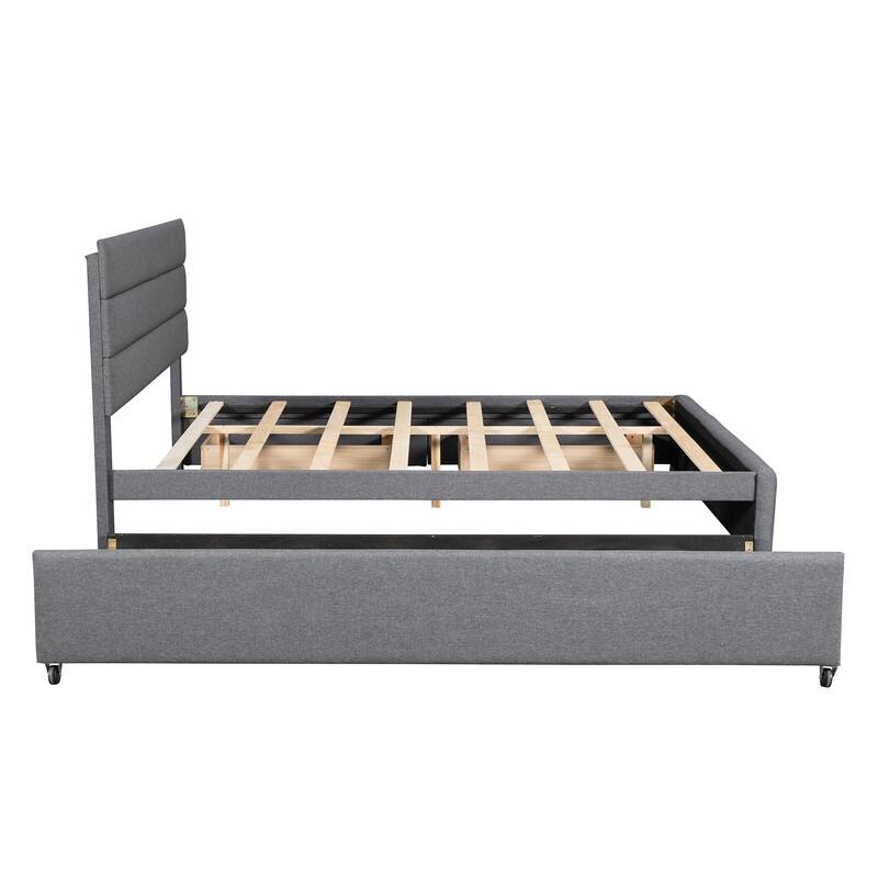 Upholstered Queen Size Platform Bed with 2 Storage Drawers and Twin Trundle Bed, Wood Queen Bed Frame with Linen Fabric