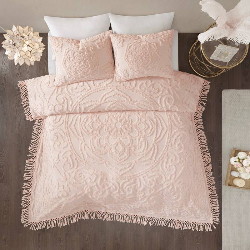 Madison Park Virginia Cotton Chenille Medallion Fringe Coverlet Set