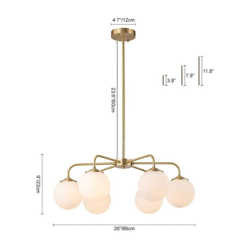 Modern 6-Light Brass Sputnik Chandelier with Frosted Glass Globes