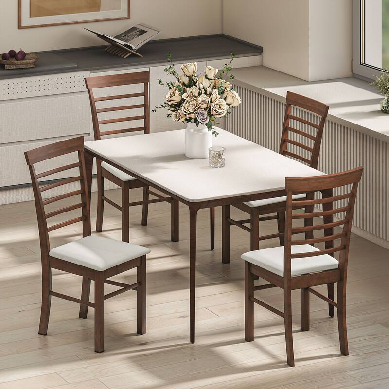 HOMCOM Wooden Dining Chairs Set of 4, Farmhouse Upholstered Kitchen Chairs with Rubber Wood Frame for Living Room, Dining Room