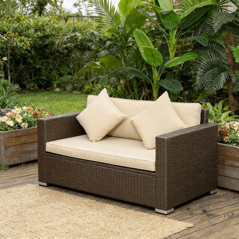 GDFStudio Outdoor Sorrel PE Rattan Outdoor Loveseat with Cushions