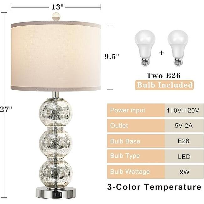 Set of 2 Table Lamps for Living Room Glass Triple-Sphere 27" Tall Table Lamp Contemporary Bedside Desk Nightstand Lamp
