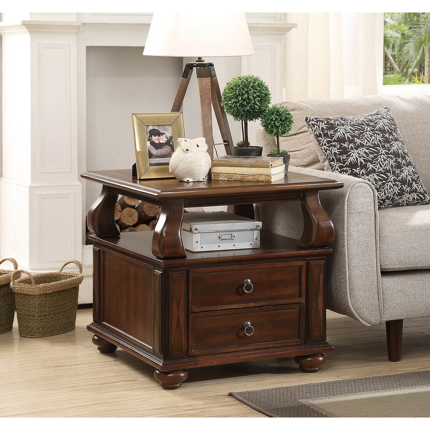 Yaztrie Walnut End Table with 2-drawer
