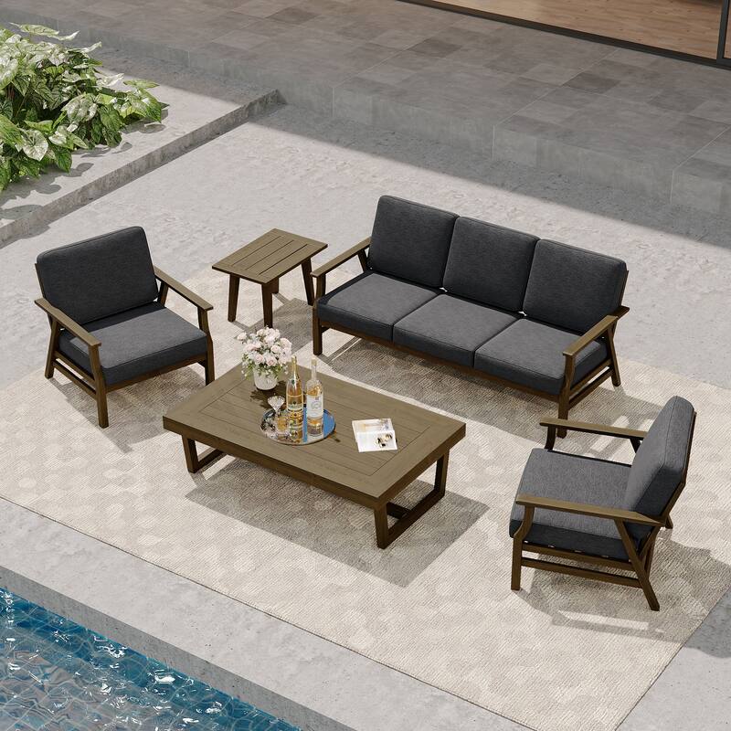 Modern Wood Cushioned Outdoor Patio Sofa Loveseat with Coffee Table