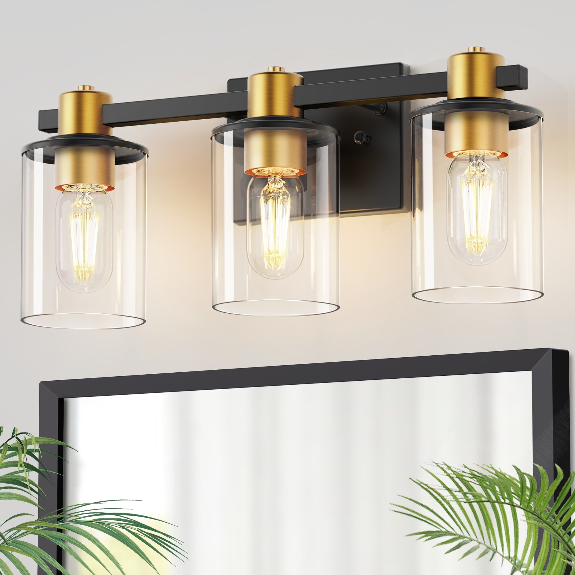 YANSUN 3 Light Vanity Light Black and Gold Finish E26 Base Transparent Cylindrical Glass Shades Square Backplate and Rod Bed Bath Beyond 42330499