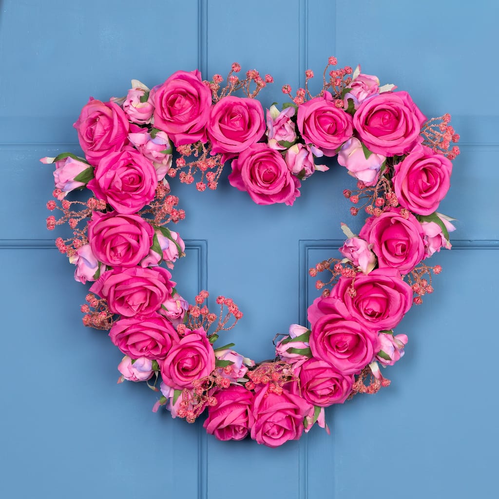 Blooming Rose Buds Artificial Heart Shaped Valentine's Day Wreath - 16" - Pink