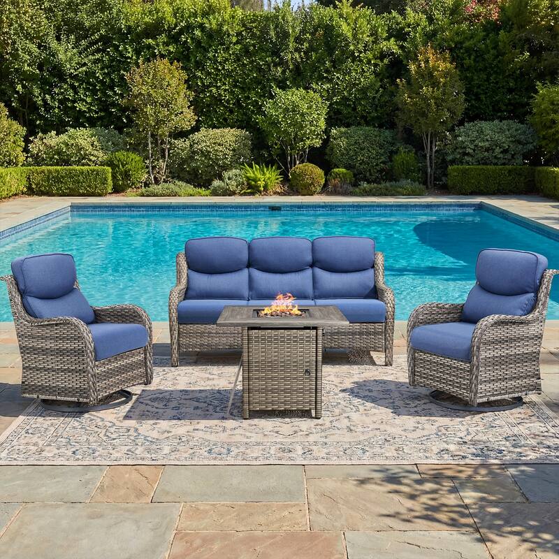 Pocassy Outdoor Propane Fire Pit Table with Sofa Swivel Chair Funiture Set. - Gray Wicker Blue Cushion - 4-Piece Sofa Swivel Chair w/ Fie Pit Table