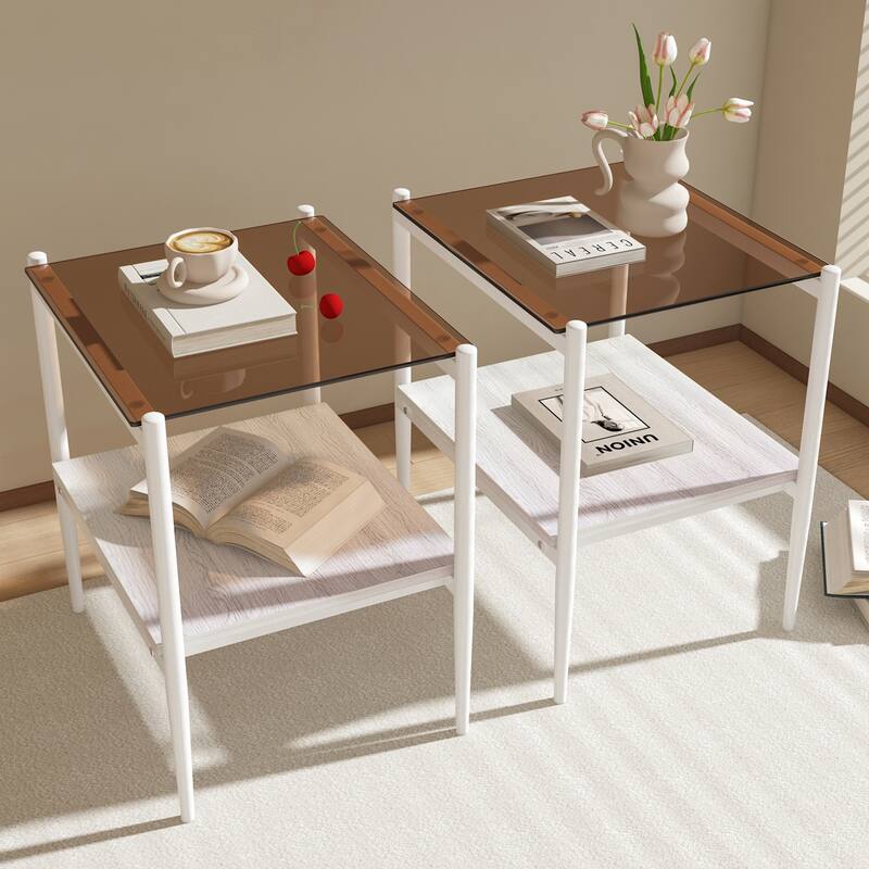Set of, 2 Rectangle End Table, Tempered Glass Tabletop with MDF layer, Modern Table for Living Room