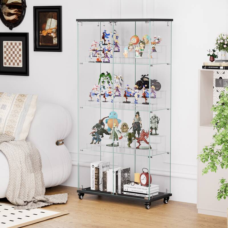 4 Tier Glass Display Cabinet, Double Door Glass Cabinet with Two Locks, Floor Standing Storage Cabinet with 6 Acrylic Shelves