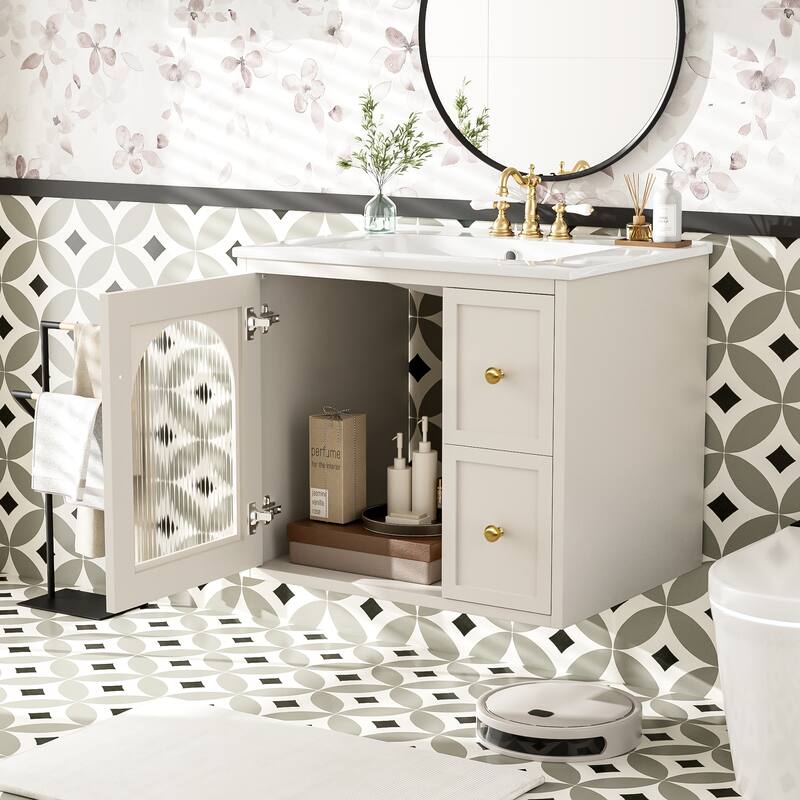24-Inch Wall-Mounted Bathroom Vanity Set‌ – Space-Saving Cabinet with Ceramic Sink, 2 Drawers & 1 Soft-Close Door.