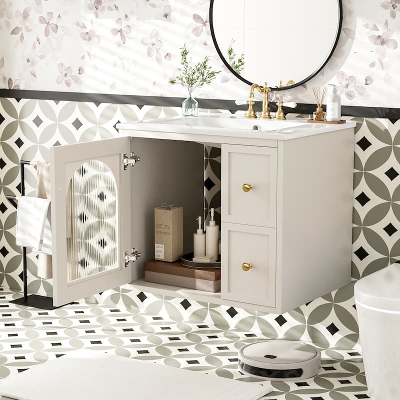Floating Bathroom Vanity Wall Mounted Translucent Stripe Glass Doors Storage Cabinet with 2 Drawers and Gold Knobs