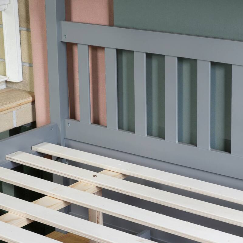 Full Over Full Rubber Wood Bunk Bed with Trundle, Convertible into Two Full Beds, Ladder and Guardrails Included